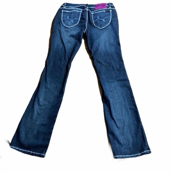 Luxirie Jeans Juniors 11 Womens Dark Blue Denim Stretch White Stitching Bootcut - Picture 3 of 7